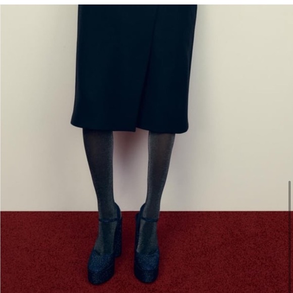 Zara Rhinestone Covered Platform Block Heels With Ankle Strap Navy 7.5 NWOB - Picture 5 of 5